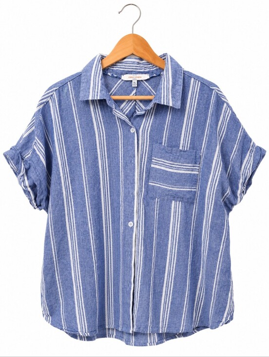 Tops - Casa Cabana Blue & White Striped 100% Cotton Button Front Short Sleeve Shirt XL